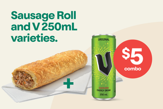 $5 combo. 7-Eleven Sausage Roll and V 250mL varieties.